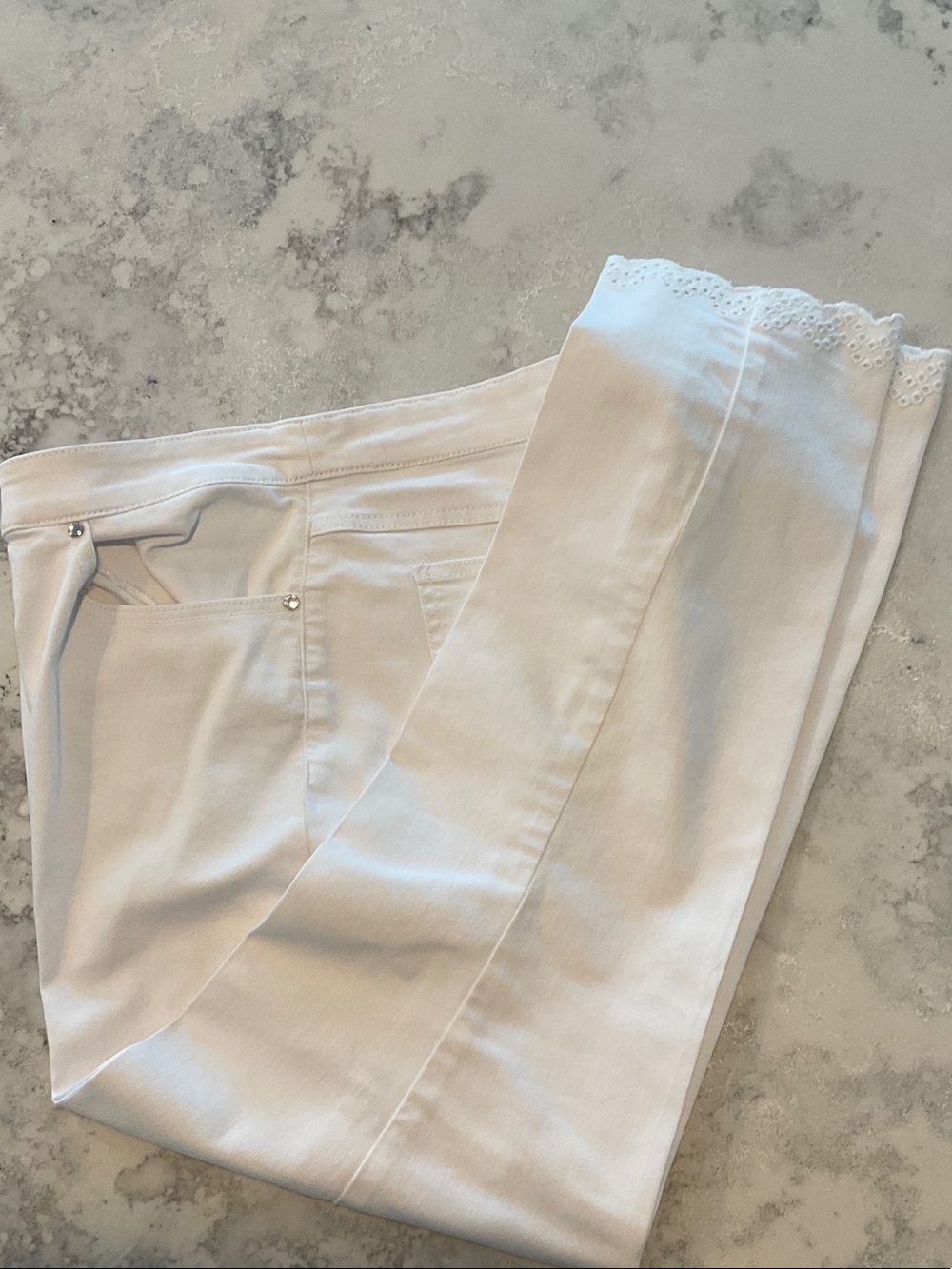 Tribal White Straight Leg Pants with Eyelet Hem